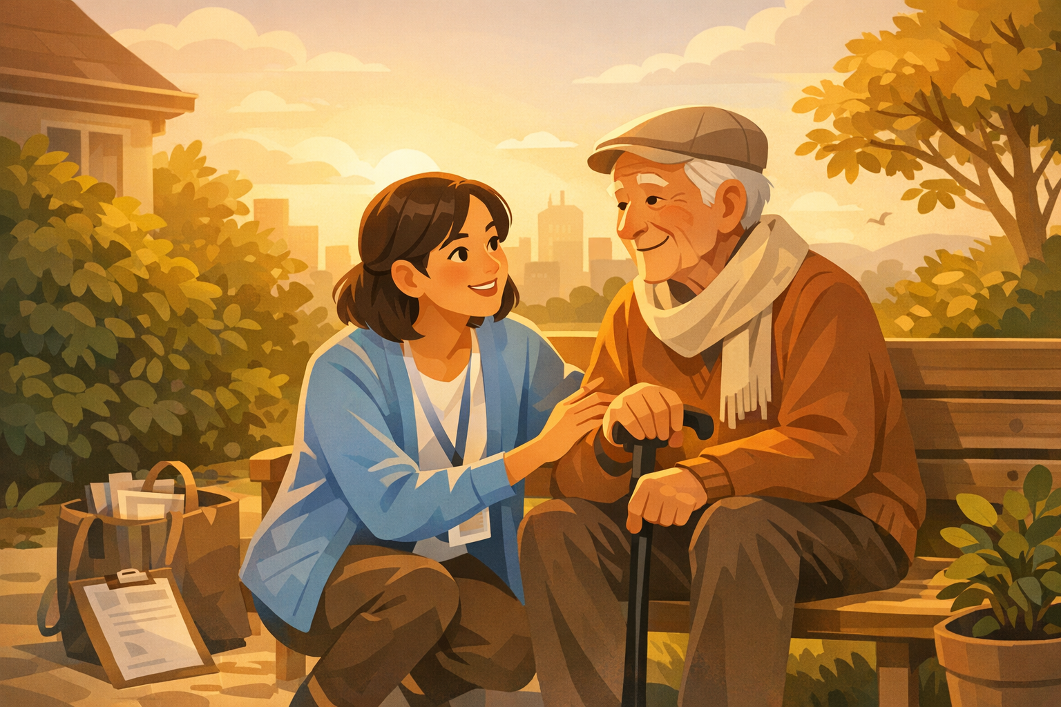 사회복지사 2급 자격증 취득을 상징하는 따뜻한 돌봄과 안내 분위기의 이미지